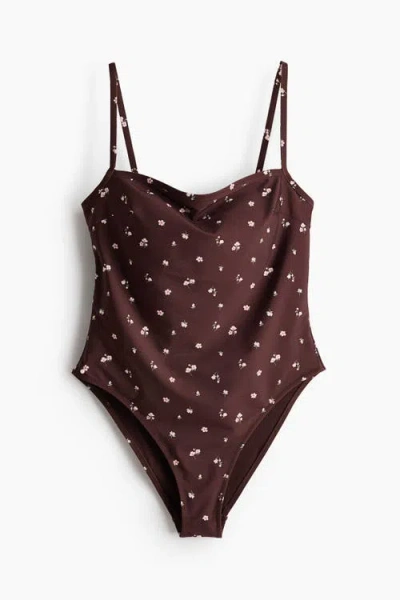 H&m Padded-cup High Leg Swimsuit In Brown