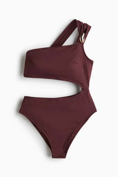 H&m Padded-cup One-shoulder Swimsuit In Brown