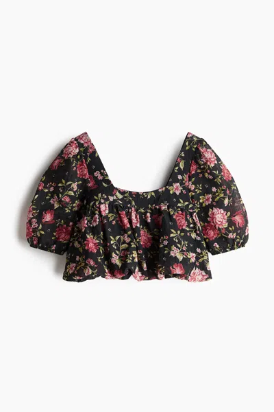 H&m Patterned Bubble-hem Blouse In Brown
