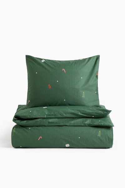 H&m Patterned Duvet Cover Set In Green
