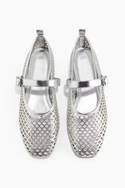 H&m Perforated Mary Jane Ballet Pumps In Silver