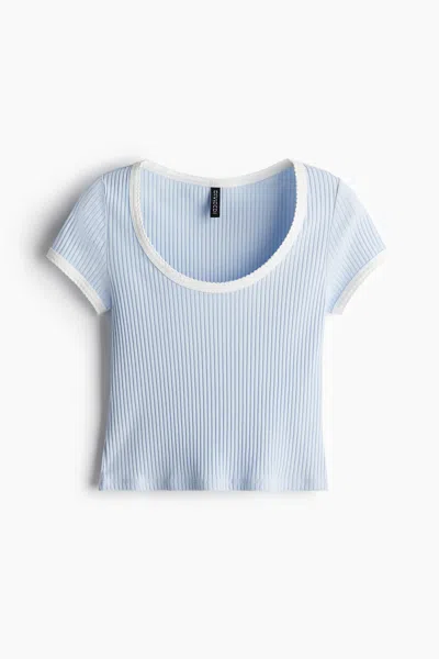 H&m Picot-trimmed Ribbed T-shirt In Blue