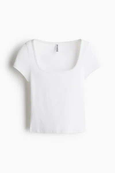 H&m Picot-trimmed Ribbed T-shirt In White
