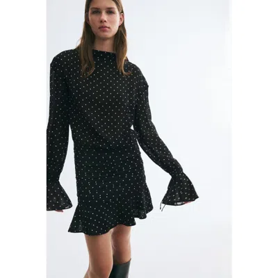 H&m Pleated Boat-neck Dress In Black/polka Dot