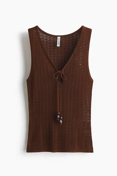 H&m Pointelle-knit Tie-detail Top In Brown