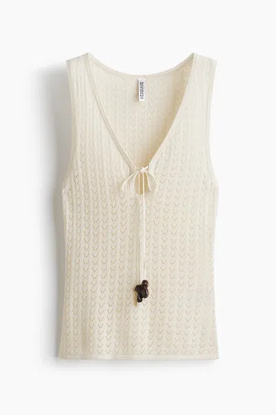 H&m Pointelle-knit Tie-detail Top In White