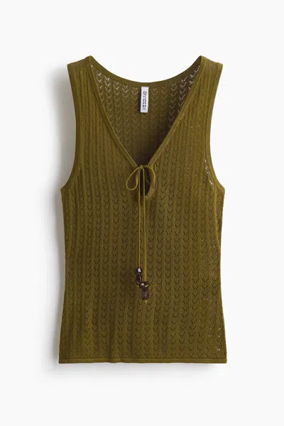 H&m Pointelle-knit Tie-detail Top In Green