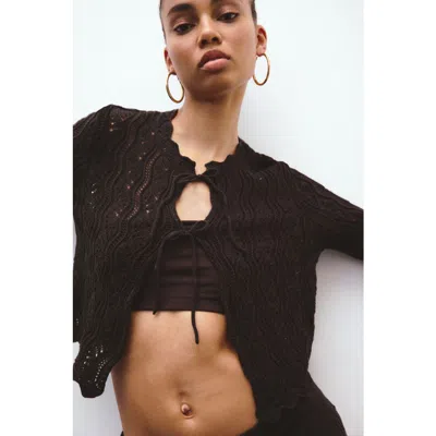 H&m Pointelle-knit Tie-front Cardigan In Brown