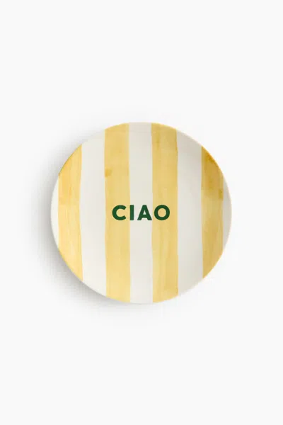 H&m Porcelain Medium Plate With Text Motif In Yellow/ciao