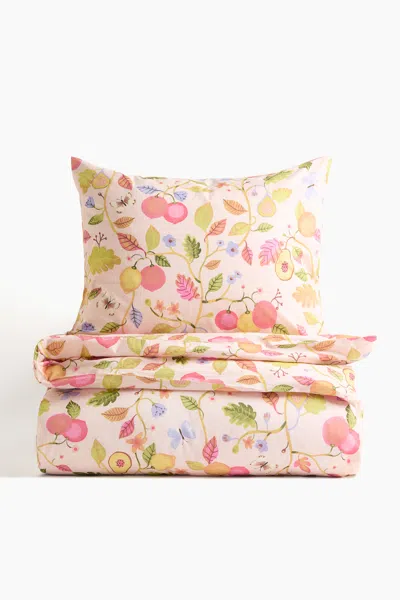 H&m Printed Cotton Duvet Cover Set In Light Pink/fruit