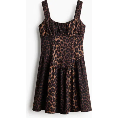 H&m Printed Flared-skirt Dress In Brown
