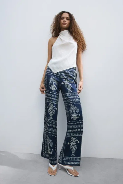 H&m Printed Tie-detail Pants In Blue