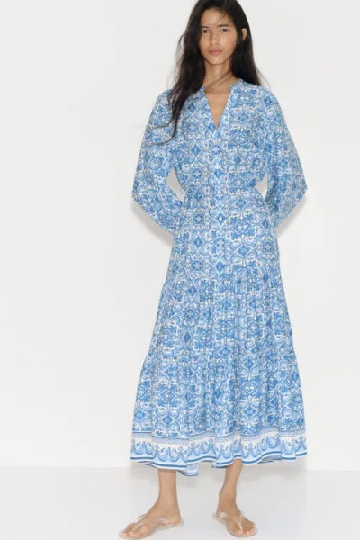 H&m Printed Tiered Dress In Blue