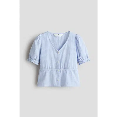 H&m Kids'  Puff-sleeved Cotton Seersucker Blouse In Blue