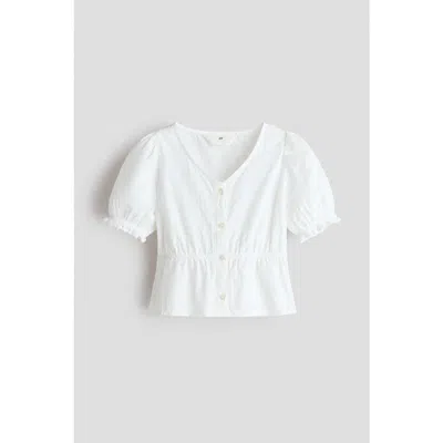 H&m Kids'  Puff-sleeved Cotton Seersucker Blouse In White