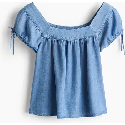 H&m Puff-sleeved Denim Blouse In Blue