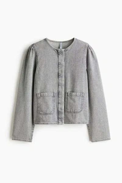 H&m Puff-sleeved Denim Jacket In Gray
