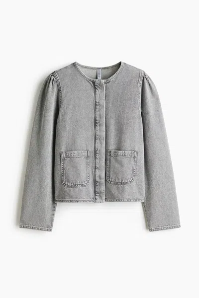 H&m Puff-sleeved Denim Jacket In Gray