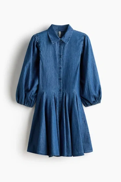 H&m Puff-sleeved Flared-skirt Dress In Blue