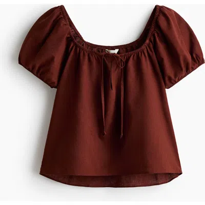 H&m Puff-sleeved Linen-blend Blouse In Brown