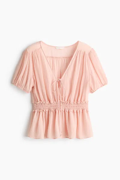 H&m Puff-sleeved Peplum Blouse In Pink