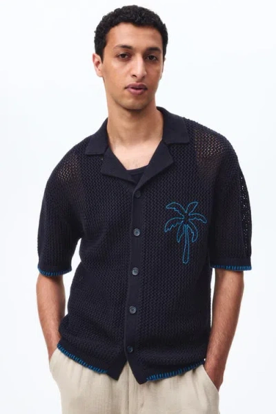 H&m Relaxed Fit Hole-knit Resort Shirt In Blue