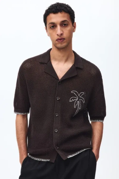 H&m Relaxed Fit Hole-knit Resort Shirt In Brown