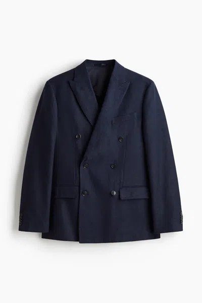 H&m Relaxed-fit Double-breasted Linen-blend Jacket In Blue