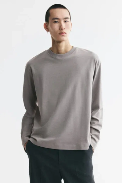 H&m Relaxed-fit Long-sleeved Interlock Cotton T-shirt In Gray