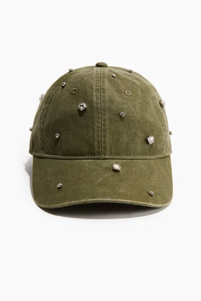 H&m Rhinestone-embellished Twill Cap In Light Khaki Green