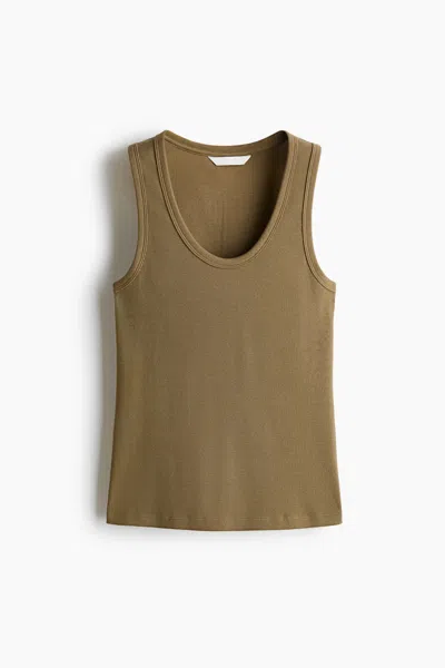 H&m Ribbed Viscose Tank Top In Khaki Green