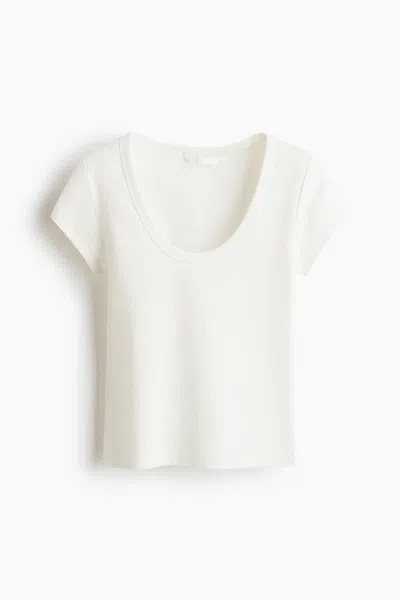 H&m Ribbed Scoop-neck T-shirt In White