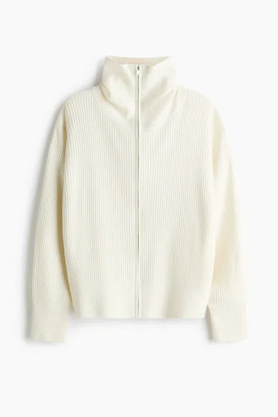 H&m Rib-knit Cardigan With Zipper In White