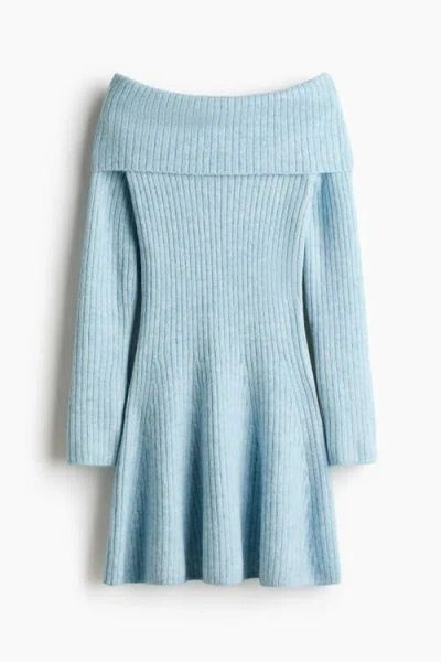 H&m Rib-knit Off-the-shoulder Dress In Blue
