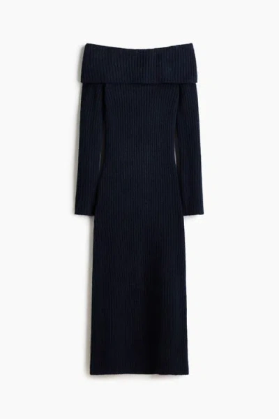 H&m Rib-knit Off-the-shoulder Dress In Blue