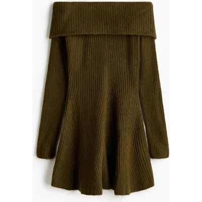 H&m Rib-knit Off-the-shoulder Dress In Green