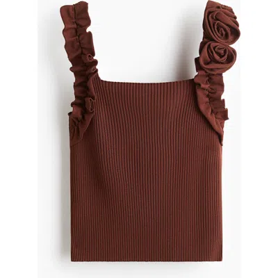 H&m Rose-appliquéd Rib-knit Top In Brown