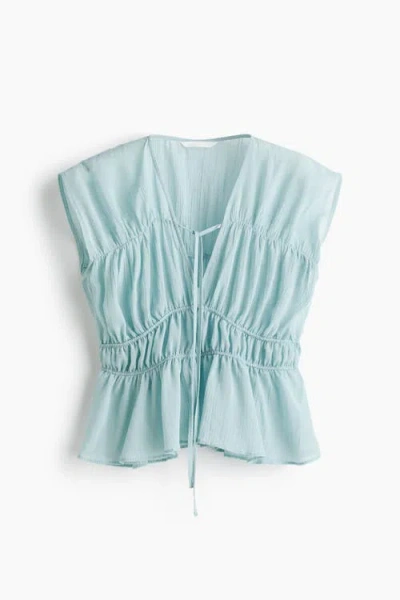 H&m Ruched Cotton Blouse In Blue