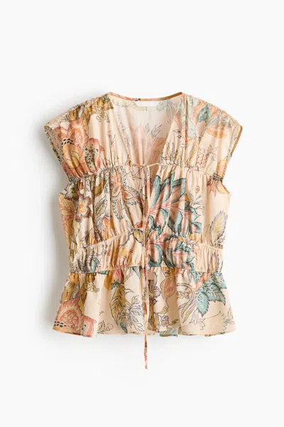 H&m Ruched Cotton Blouse In Multi