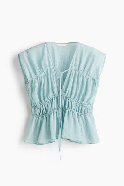 H&m Ruched Cotton Blouse In Blue