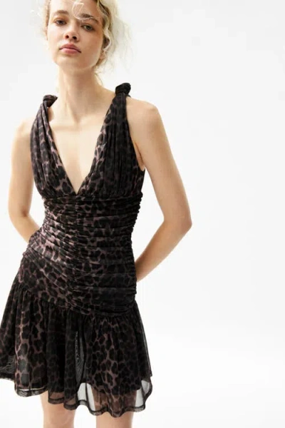 H&m Ruched Flared-skirt Dress In Brown