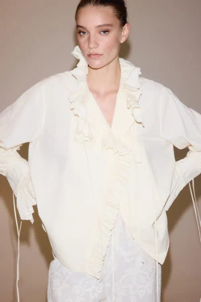 H&m Ruffled Cotton Blouse In Neutral