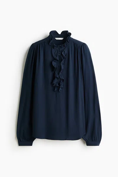 H&m Ruffled Crêpe Blouse In Blue