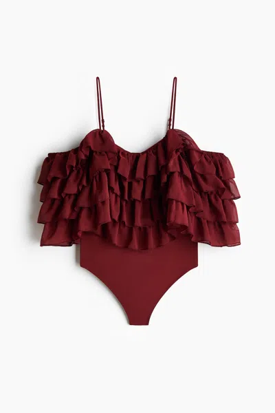 H&m Ruffled Open-shoulder Bodysuit In Dark Red