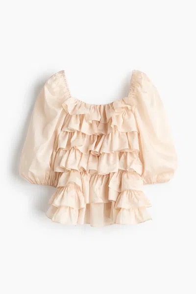H&m Ruffled Puff-sleeved Blouse In Neutral