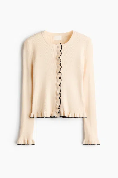 H&m Ruffled Rib-knit Cardigan In Neutral