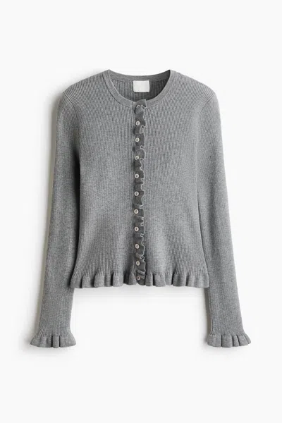 H&m Ruffled Rib-knit Cardigan In Gray