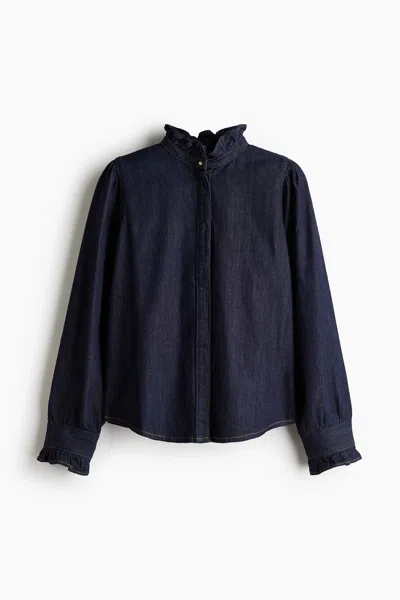 H&m Ruffle-trimmed Denim Blouse In Blue