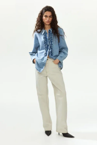 H&m Ruffle-trimmed Denim Shirt In Brown