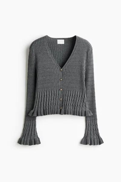 H&m Ruffle-trimmed V-neck Cardigan In Gray